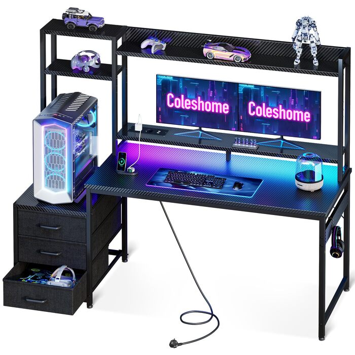 Ігровий стіл Coleshome з LED підсвіткою, полицями та висувними ящиками 137x48 см, чорний карбон