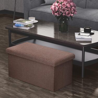 Складана пуф-сидіння INTIRILIFE 78x38x38 см, бурштиново-коричнева, з кришкою та відділенням для зберігання, лляна тканина, пуф-скриня, підставка для ніг