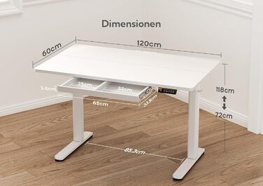 Електричний регульований письмовий стіл Claiks 120x60 см з шухлядою, білий, стіл для роботи стоячи та сидячи