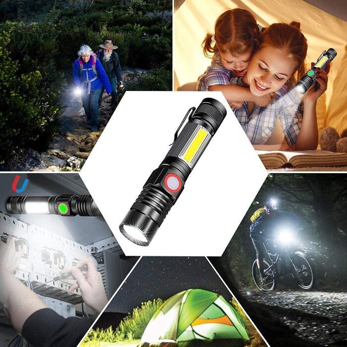 LED ліхтар Karrong 3000 люмен з магнітом, USB-зарядка, водонепроникний, з COB боковим світлом, 4 режими, для кемпінгу, туризму, 2 шт, чорний