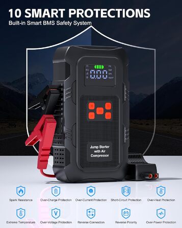 Пусковий інвертор Povasee 6000A з компресором 150 PSI та Powerbank, бустер для авто 12V з електричним насосом та ліхтариком (Помаранчевий/Чорний)