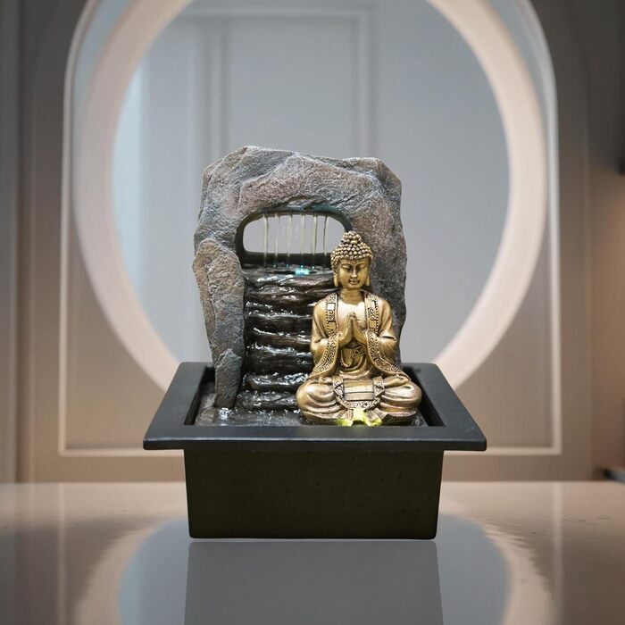 Джерело води Zen'Light Dao від Zimmerbrunnen: Будда, LED-підсвітка, для медитації та релаксації. Декор Фен-Шуй, висота 26 см, горіх
