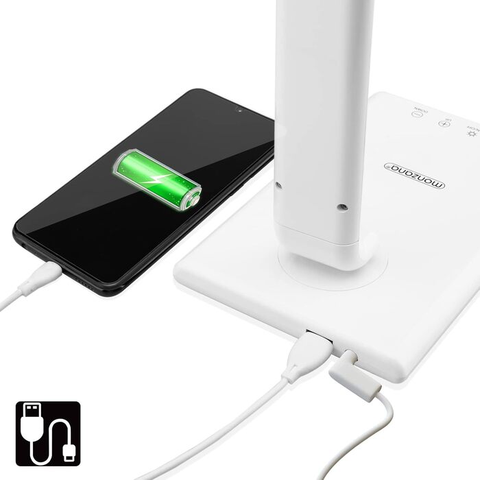 Світлодіодна настільна лампа Monzana з USB, 3 кольори, 5 рівнів яскравості, сенсорне керування, димування, функція зарядки, для офісу та спальні, тепле світло, біла