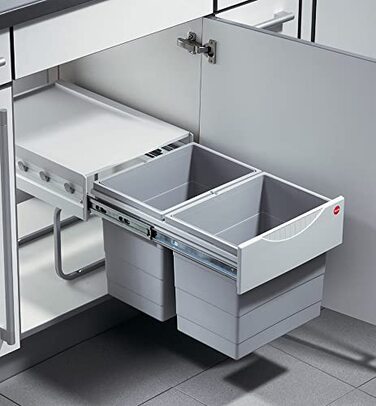 Контейнер для сміття Hailo 3641500 Raumspar-Tandem 2x18 л, для шаф від 40 см, роздільне сортування, монтаж на підлогу, пластик світло-сірий