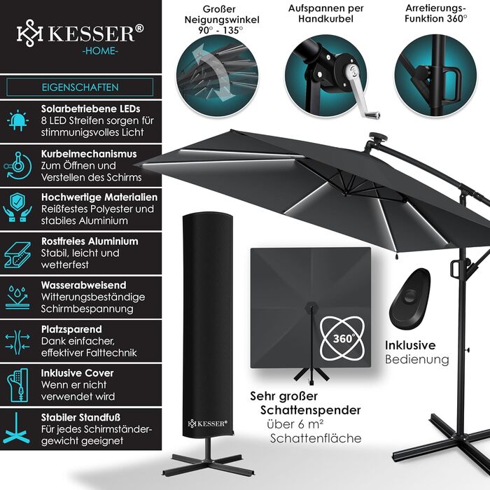 Сонячна прямокутна парасоля KESSER Holly з LED-підсвіткою, алюмінієва, з чохлом та вітрозахистом, антрацит, 350 см, водостійка, для саду, з ручкою-кривошипом, UV-захист