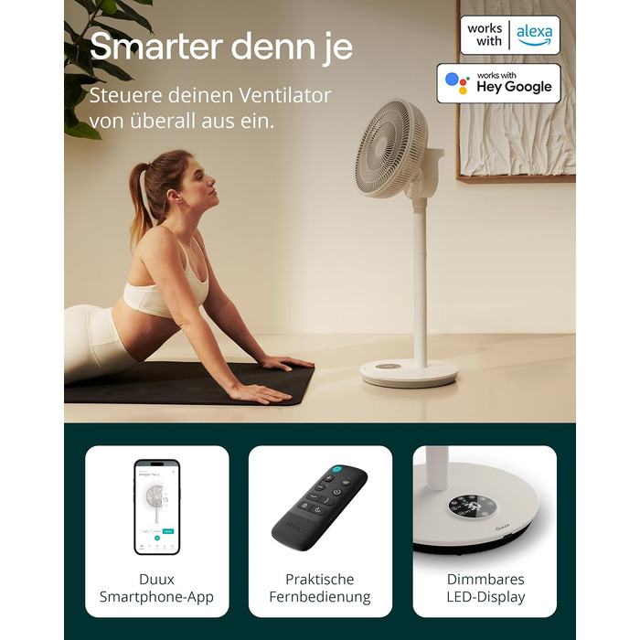 Duux Whisper Flex 2 Smart Вентилятор: тихий (13 дБ), нічний режим, таймер, регульована висота (54-92 см), енергоефективний, з Wi-Fi та пультом (Greige)