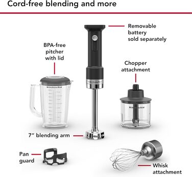 Погружний блендер KitchenAid Go KHBRV05BM з насадками, акумулятор продається окремо