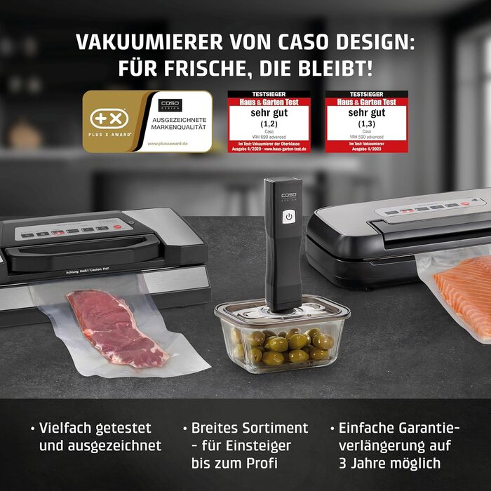 Вакууматор CASO Vacu OneTouch Eco-Set: бездротовий ручний пристрій з 3 скляними контейнерами, 10 ZIP-пакетами та стікерами Food Manager, акумуляторний, чорний