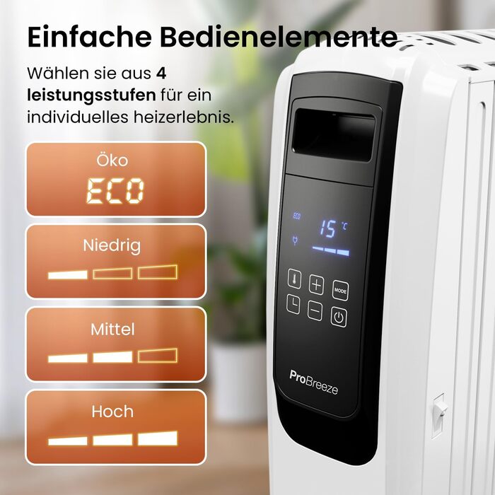 Масляний радіатор Pro Breeze Premium 2500Вт, енергозберігаючий, електричний, 10 секцій, цифровий дисплей, пульт, 4 режими нагріву, таймер 24 год, термостат, захист від перегріву