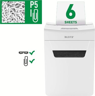 Leitz IQ 10X Premium Protect: Шредер для документів, 6 листів, білий, 18л, для офісу та дому, сертифікований TÜV+GS