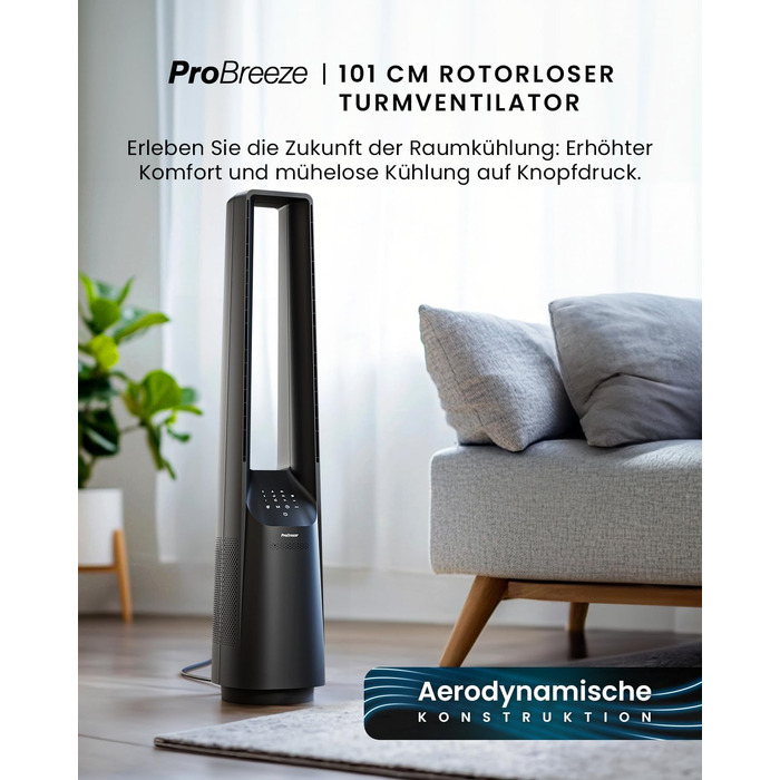 Pro Breeze Вентилятор без лопатей 101 см з LED дисплеєм та пультом - 6 швидкостей, 5 режимів, авто-коливання 60°, таймер 7 годин, чорний