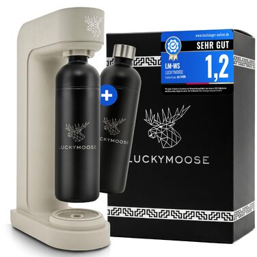 Сифон для газування води Luckymoose Infinity з 2 сталевими пляшками по 1,25л, економний спірулер для води, сумісний з синіми циліндрами CO2 60л (Колір: пісочний/чорний)