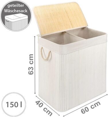 Бамбуковий кошик для білизни PANA ECO з кришкою, складний, 150 л, білий, для ванної, з мішком, 100% бамбук