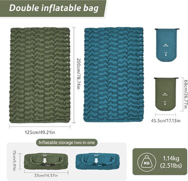 Надувний кемпінговий килимок Naturehike Ultralight з вбудованим насосом для походу та туризму, армійний зелений, двоподібний