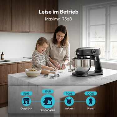 Планетарний міксер Küchenmaschine 1800W з чашею з нержавіючої сталі 7л, тістоміс для хліба та піци, 10 швидкостей з таймером, набір насадок та захистом від бризок (Чорний)