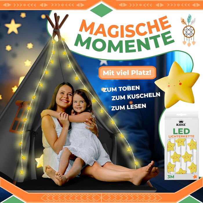 Дитячий ігровий намет KIDIZ Tipi 100x100x160 см з бавовни з LED-гірляндою, світловою зіркою, прапорцевою гірляндою, 3 плюшевими іграшками, килимком і сумкою для зберігання, для дому та вулиці