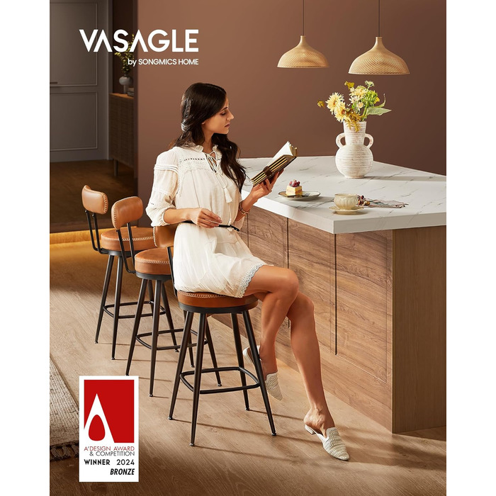 Барний стілець VASAGLE EKHO, 4 шт, з обертанням 360°, зі спинкою, для кухонного острова, штучна шкіра, карамельно-коричневий, 91 см, стиль Мід-Сентурі Модерн