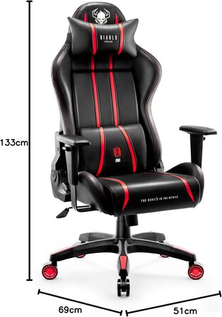 Ігрове крісло Diablo X-One 2.0 King XL, ергономічне, з регульованими підлокітниками, подушками для шиї та попереку, червоне