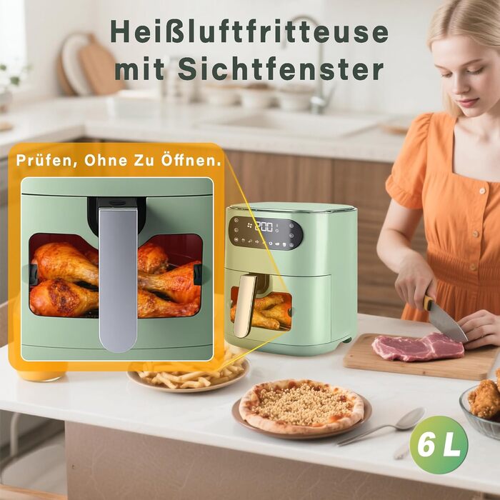 Аерофритюрниця Citybee XXL 10L (5L+5L) з двома камерами та вікном, Dual Zone Airfryer 2200W, сенсорне керування, таймер 24г, зелена