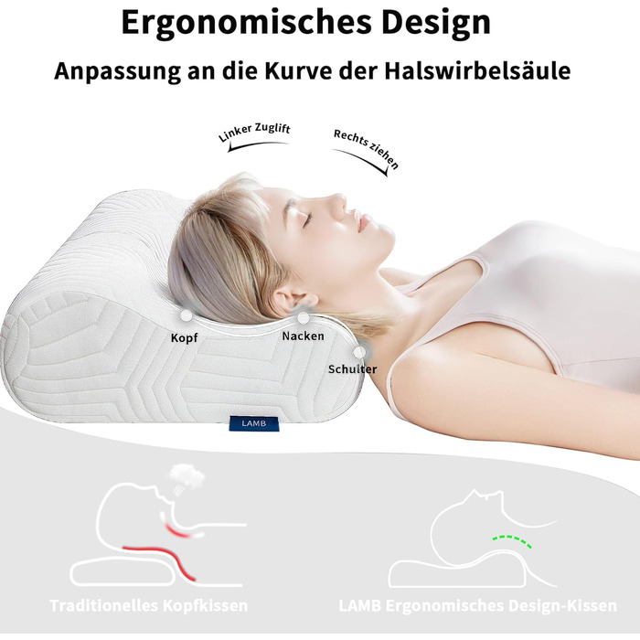 Подушка для шиї Lamb з Memory Foam, регульована висота, ергономічна, знімний чохол (50x36x10/8 см, біла)