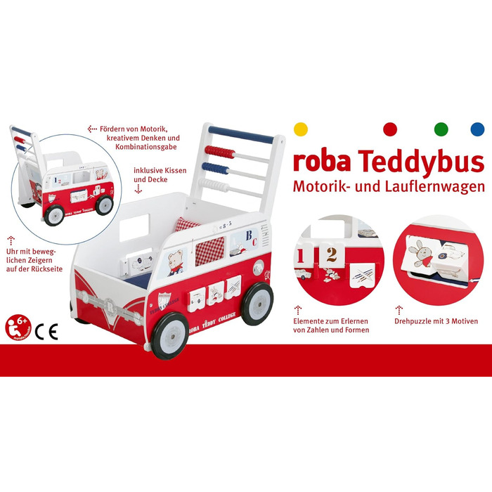 Дитячий іграшковий візочок Roba Teddybus з серії 'Teddy College', білий, комплект з подушкою, ковдрою та ігровими функціями