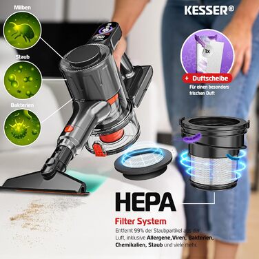 Бездротовий акумуляторний пилосос KESSER® з LED дисплеєм та аромакапсулою | Бездротовий пилосос без мішка з антизаплутаною насадкою, HEPA-фільтром, час роботи до 60 хвилин, для твердих поверхонь та килимів, чорний/червоний