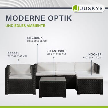 Juskys Lounge Punta Cana L: Комплект садово-розкішних меблів для 4-5 осіб (софа 3 місця, крісло, пуф, столик, подушки). Чудовий вибір для саду, тераси та балкону. Водостійкий набір меблів для відпочинку. Чорний/Крем.