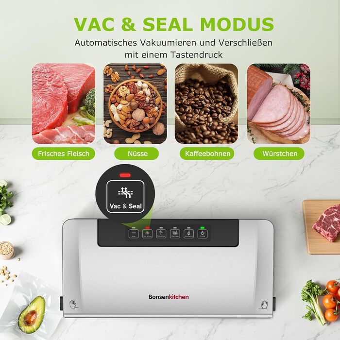 Вакууматор Bonsenkitchen для продуктів, потужний вакуумний пакувальник з 5 режимами, 8 л/хв, технологія Globefish, чорний (комплект: 5 пакетів та 1 рулон)