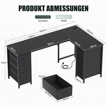 Кутовий стіл YOUDENOVA 150x100 см з шухлядами, розеткою та USB-зарядом, чорний. Стол L-подібний з місцем для зберігання