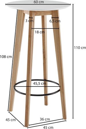 Барний стіл FineBuy 60x110x60 см білий, дерев'яний, для 4 осіб, скандинавський дизайн, високий стіл з дуба для бару та вечірок