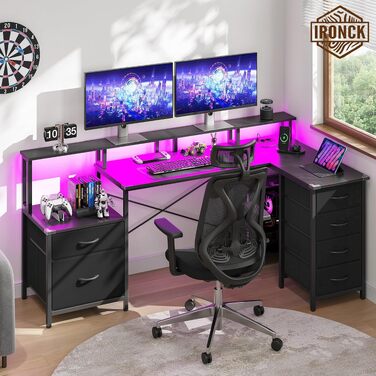 Ігровий кутовий стіл IRONCK L-подібний з LED-підсвіткою, розетками (2AC+1USB+1C), 6 шухлядами та підставкою для монітора, 189x100 см, чорний