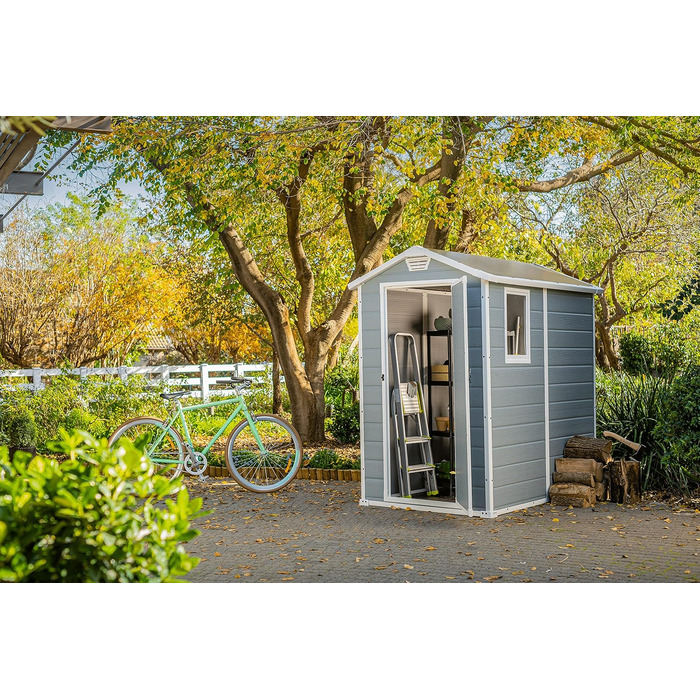 Садовий будинок Keter Manor 4x6S, 3.8м³, пластик, сірий, вологостійкий, 130x192x198 см
