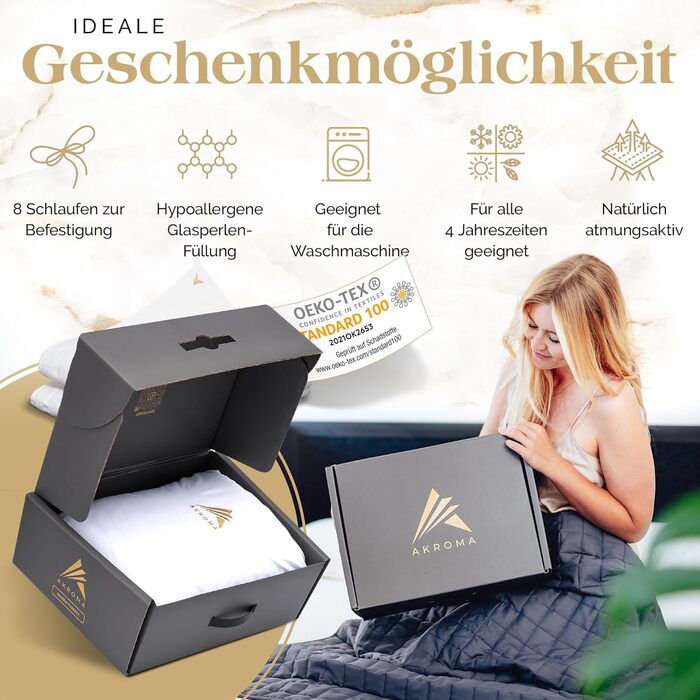 Важка ковдра Akroma Premium для сну та релаксації, 155x220 см, 12 кг, 100% бавовна (Oeko-Tex), антистрес терапевтична ковдра для дорослих, біла