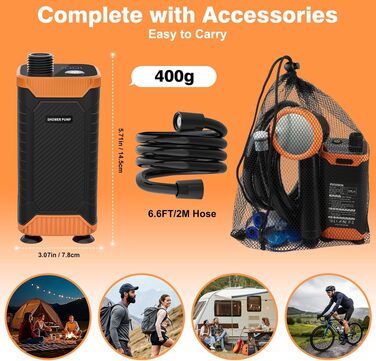 Портативний кемпінговий душ Uplayteck з акумулятором 8000mAh, помпою, фільтром та індикатором температури, водонепроникний IPX8, шланг 2м — для подорожей, кемпінгу та саду