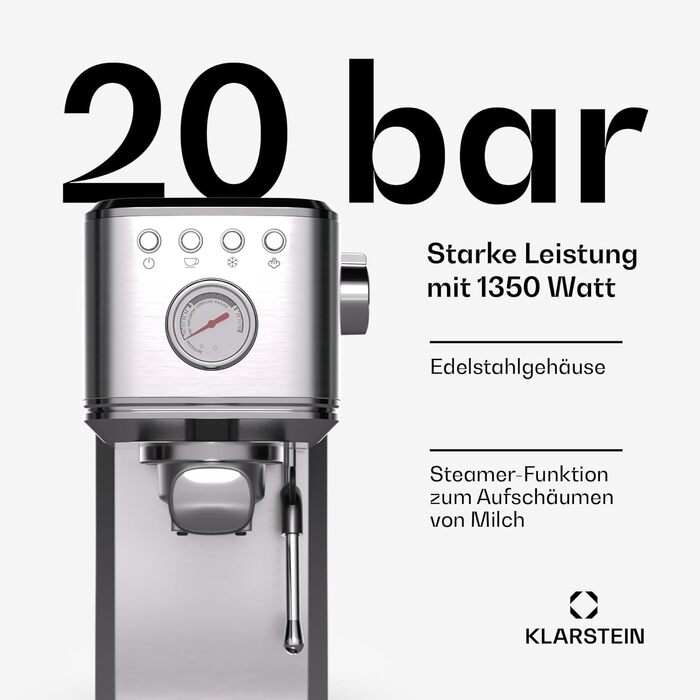 Еспресо-машина Klarstein SteelPresso Slim, 20 Бар, 1350 Вт, нержавіюча сталь, 1,2 л, з паровою насадкою, компактна, проста у використанні