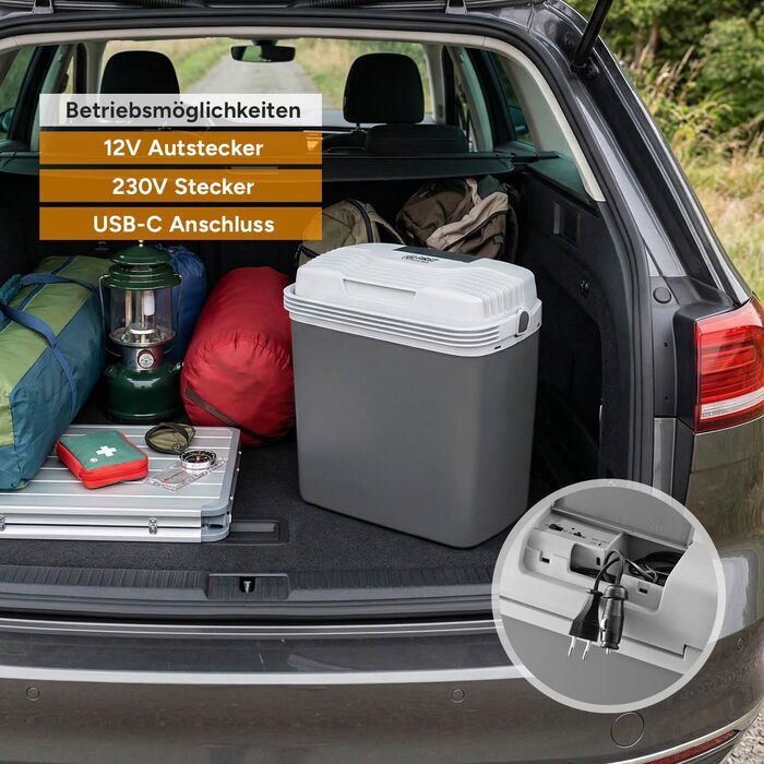 Автомобільний холодильник/термос First Austria Thermoelektrische Kühlbox 24L з USB-C PD 3.0 52W, живлення від мережі/автомобіля/USB, чорно-сірий