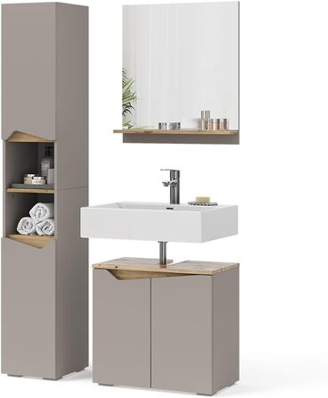 Висока шафа для ванної Vicco Marelle, грейж/дуб Артизан, 30x180 см, з дверцятами та відкритими полицями