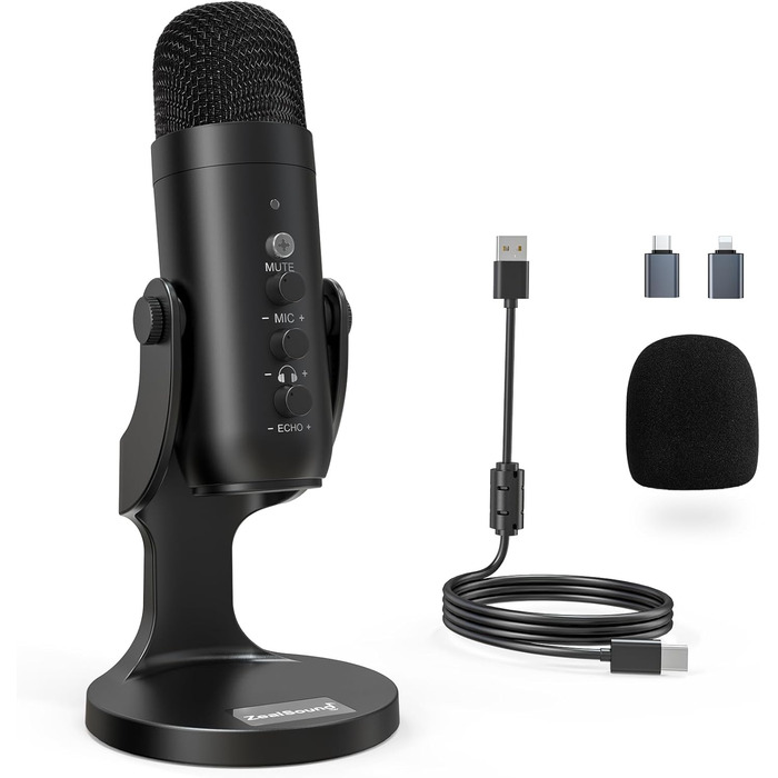 Zealsound USB конденсаторний мікрофон для ПК, смартфонів, PS4/PS5, подкастів, стрімінгу, запису, ASMR, з функціями Mute, Gain, Echo, адаптером для телефону, сумісний з Mac і Windows