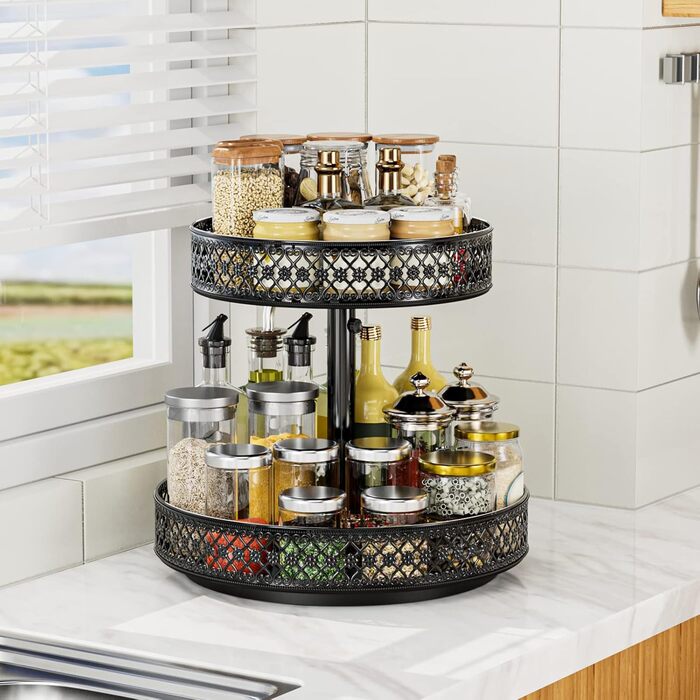 Органайзер Lazy Susan з 2 ярусами, обертовий металевий піднос 30,5 см, регульований, чорний, для спецій, кухні, шафи, ванної
