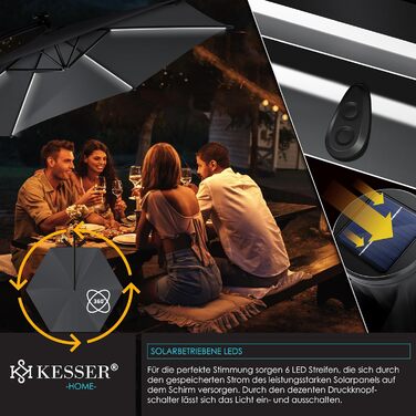 Сонячна алюмінієва парасолька KESSER 350 см з LED підсвіткою, дистанційним керуванням, водовідштовхувальна, UV-захист, з основою, для саду, антрацит