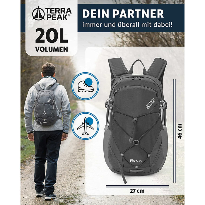 Рюкзак Terra Peak Flex 20 Premium 20 л з вентиляцією спини, питною системою та дощовиком – туристичний рюкзак з дихаючого 3D Air Mesh поліестеру з поясом на стегна для походів та активного відпочинку