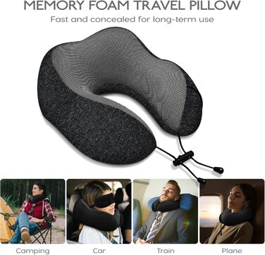 Подорожня подушка під шию з ефектом пам'яті (Memory Foam) для літака та авто, чорна, з 3D-маскою для сну та берушами