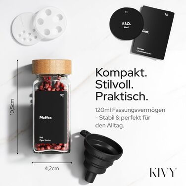 Спеція органайзер KIVY з полицями та 24 скляними баночками | Регульований, підходить для всіх ящиків | Скляні баночки з бамбуковими кришками (Чорний)