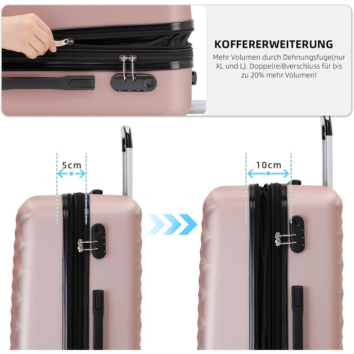 Валіза для подорожей BEIBYE Zwillingsrollen 2066, жорстка оболонка, колісний дорожній кофр, колір Rose Gold, розмір L