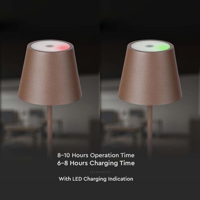 Настільна LED-лампа V-TAC з димером, сенсорним керуванням, акумуляторна, IP54, тепле біле світло 3000K, для дому та вулиці, 4400 мАг, коричнева