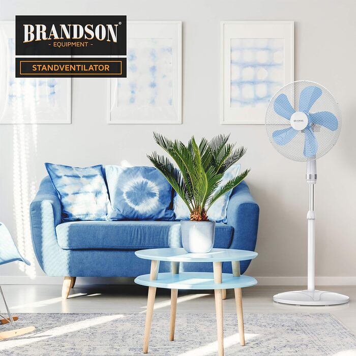 Вентилятор підлоговий Brandson 50 Вт, 40 см, білий: регульована висота, нахил 30°, 3 швидкості, коливання 80°