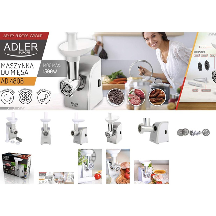 М'ясорубка Adler AD 4808, 350 Вт, 1500Вт макс, нержавіюча сталь 18/8, сіра