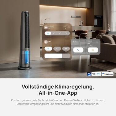 DREO TurboCool 765S: Ультразвуковий зволожувач-вентилятор з Wi-Fi, 6л, 10.4 м/с, 20 дБ, 90° осциляція, 12 швидкостей