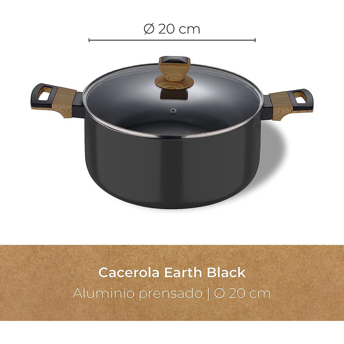 Каструля BERGNER Earth Black 20 см, алюміній, дерев'яні ручки, антипригарна, для індукції, сіра