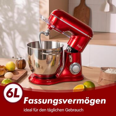 Кухонний комбайн Kitchen in the box Fab-Serie 6L: потужний планетарний міксер 1300 Вт, 10 швидкостей, з набором насадок (гак, вінчик, міксер), червоний